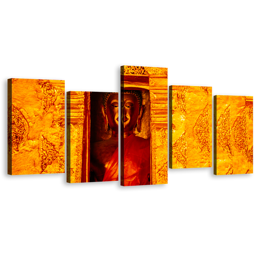 Buddha Temple Canvas Print, Gold Buddha 5 Piece Canvas Wall Art, Yellow Buddhist Temple Multi Canvas Artwork