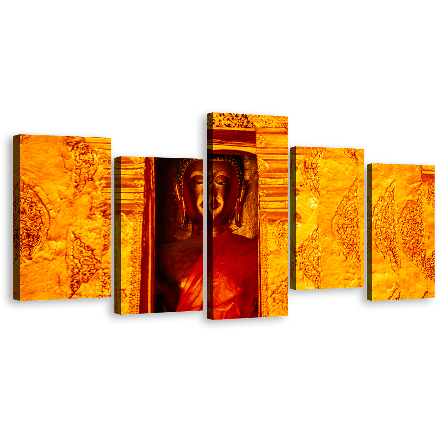 Buddha Temple Canvas Print, Gold Buddha 5 Piece Canvas Wall Art, Yellow Buddhist Temple Multi Canvas Artwork