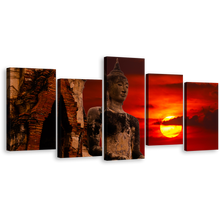 Load image into Gallery viewer, Buddha Temple Canvas Wall Art, Thailand Brown Buddha 5 Piece Multi Canvas Artwork, Red Sunset Sky Old Buddha Statue Canvas Print
