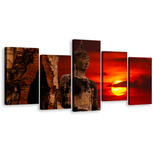 Buddha Temple Canvas Wall Art, Thailand Brown Buddha 5 Piece Multi Canvas Artwork, Red Sunset Sky Old Buddha Statue Canvas Print