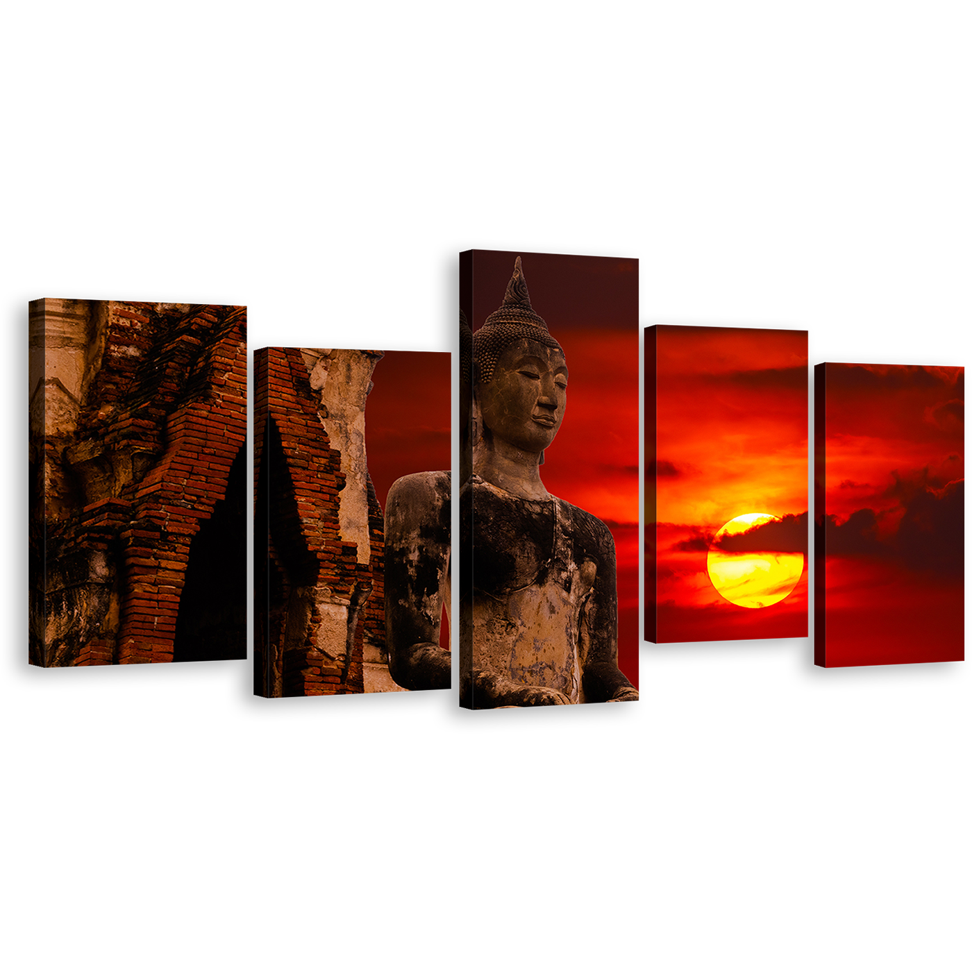 Buddha Temple Canvas Wall Art, Thailand Brown Buddha 5 Piece Multi Canvas Artwork, Red Sunset Sky Old Buddha Statue Canvas Print