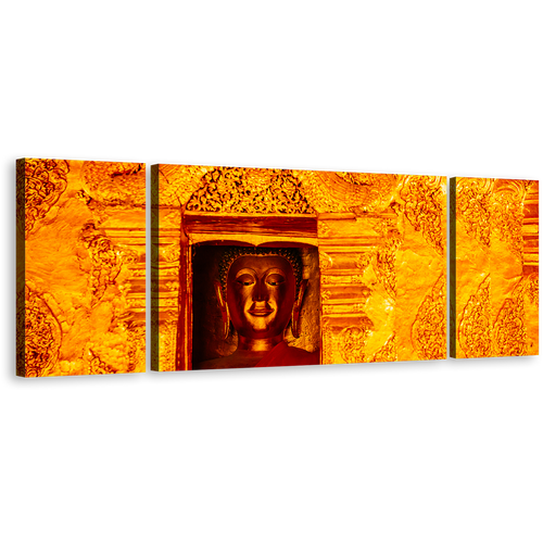 Buddhist Temple Canvas Wall Art, Gold Buddha Statue 3 Piece Canvas Print, Buddha Yellow Canvas Set