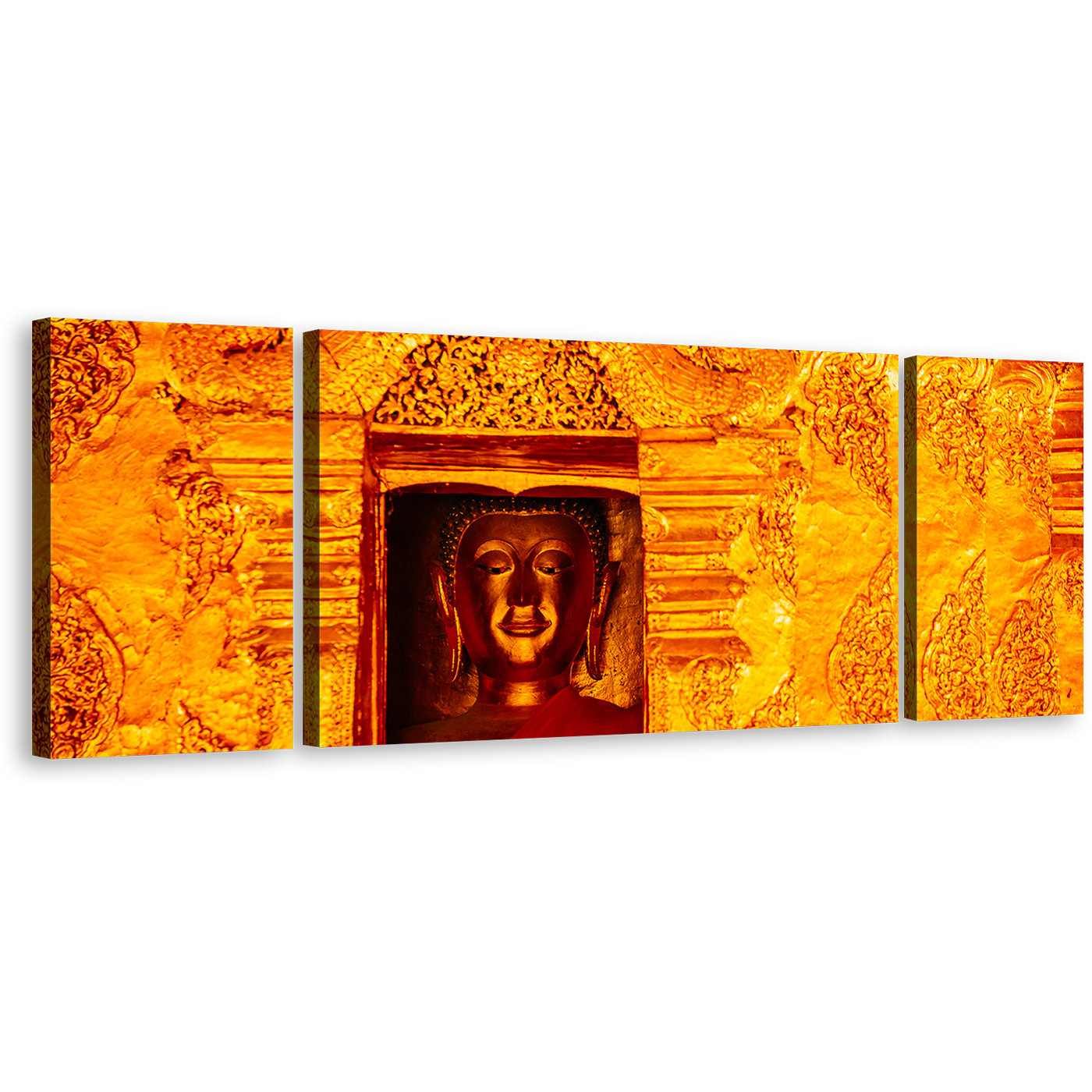 Buddhist Temple Canvas Wall Art, Gold Buddha Statue 3 Piece Canvas Print, Buddha Yellow Canvas Set