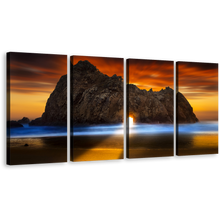 Load image into Gallery viewer, Burns State Park Canvas Wall Art, Keyhole Rock Canvas Print, Yellow Sunlight Shining Through Rock Multiple Canvas, Orange Ocean Rocks Sunset 4 Piece Canvas Set
