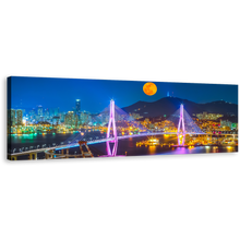 Load image into Gallery viewer, Busan Port Canvas Print, Colorful City Mountains Moon 1 Piece Canvas Wall Art, South Korea Cityscape Bridge Wide Canvas
