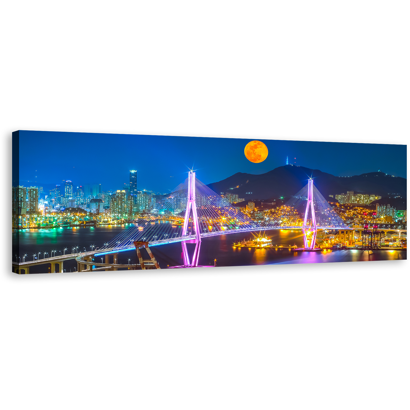 Busan Port Canvas Print, Colorful City Mountains Moon 1 Piece Canvas Wall Art, South Korea Cityscape Bridge Wide Canvas