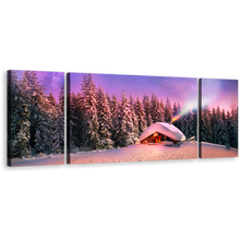 Load image into Gallery viewer, Cabins Mountain Wall Art, Ukraine Purple Trees Scenery 3 Piece Canvas Print, Blue Starry Sky Forest Canvas Set
