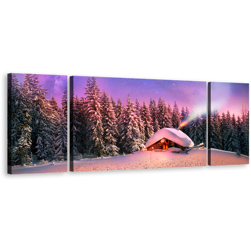 Cabins Mountain Wall Art, Ukraine Purple Trees Scenery 3 Piece Canvas Print, Blue Starry Sky Forest Canvas Set