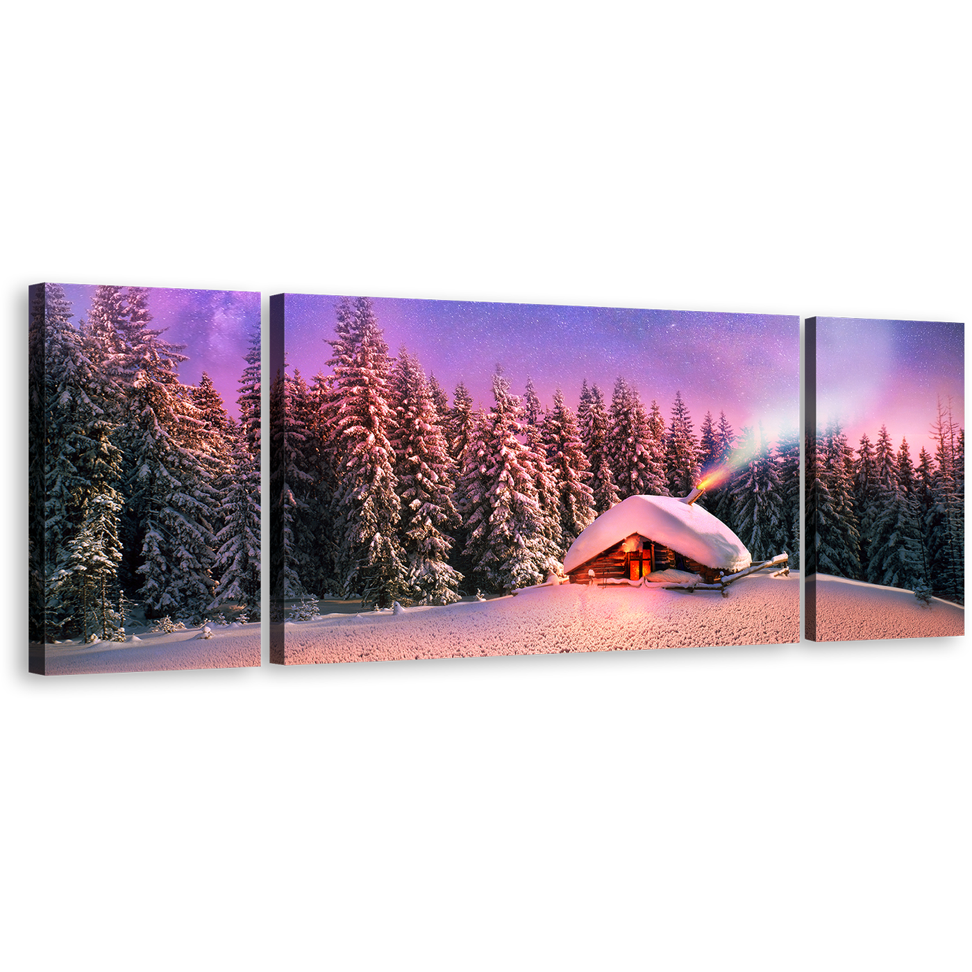 Cabins Mountain Wall Art, Ukraine Purple Trees Scenery 3 Piece Canvas Print, Blue Starry Sky Forest Canvas Set