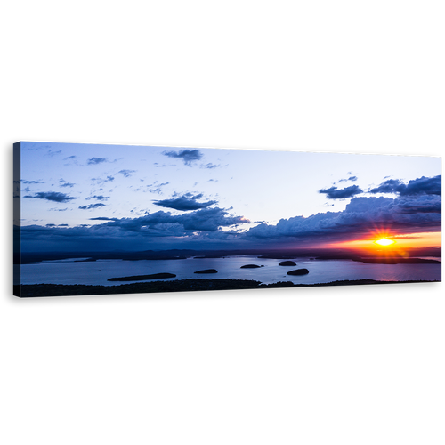 Cadillac Mountain Canvas Wall Art, Acadia National Park Blue Sky 1 Piece Canvas Print, Dramatic Yellow Cloudy Sunset Ocean Canvas Artwork