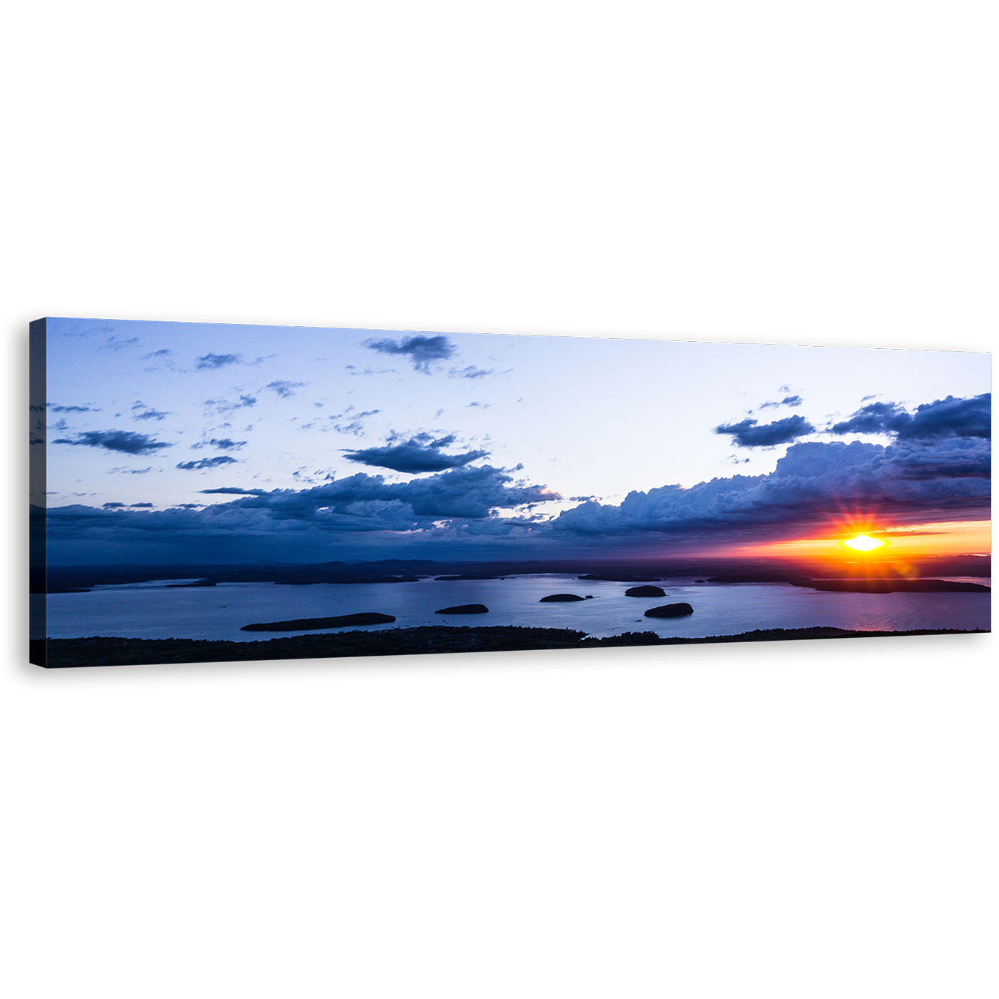 Cadillac Mountain Canvas Wall Art, Acadia National Park Blue Sky 1 Piece Canvas Print, Dramatic Yellow Cloudy Sunset Ocean Canvas Artwork