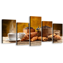 Load image into Gallery viewer, Cafe Breakfast Canvas Wall Art, White Coffee Cup Beans Multiple Canvas, Brown Coffee Canvas Photography 5 Piece Canvas Print
