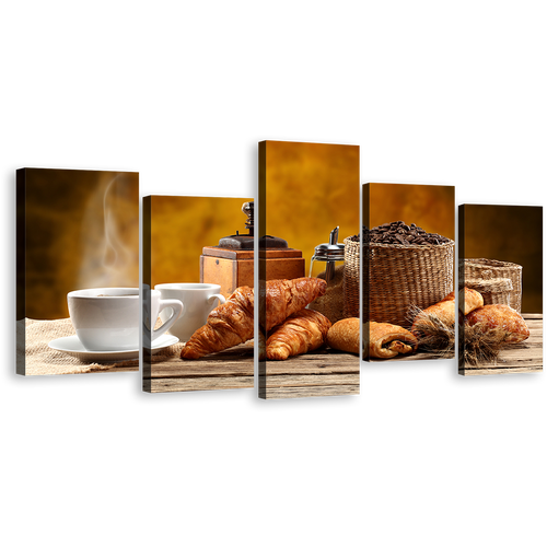 Cafe Breakfast Canvas Wall Art, White Coffee Cup Beans Multiple Canvas, Brown Coffee Canvas Photography 5 Piece Canvas Print