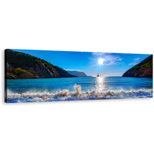 Load image into Gallery viewer, Cala Benirrás Canvas Print, Blue White Sky Sunset Ocean Mountain Panoramic Canvas Art, Spain Ibiza Cala Benirrás Beach Wall Art
