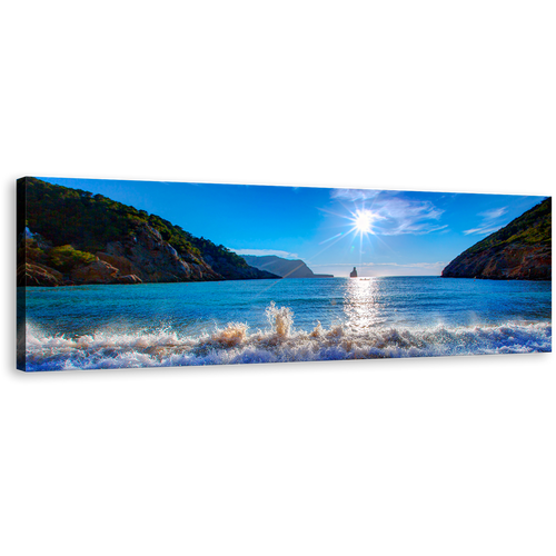 Cala Benirrás Canvas Print, Blue White Sky Sunset Ocean Mountain Panoramic Canvas Art, Spain Ibiza Cala Benirrás Beach Wall Art