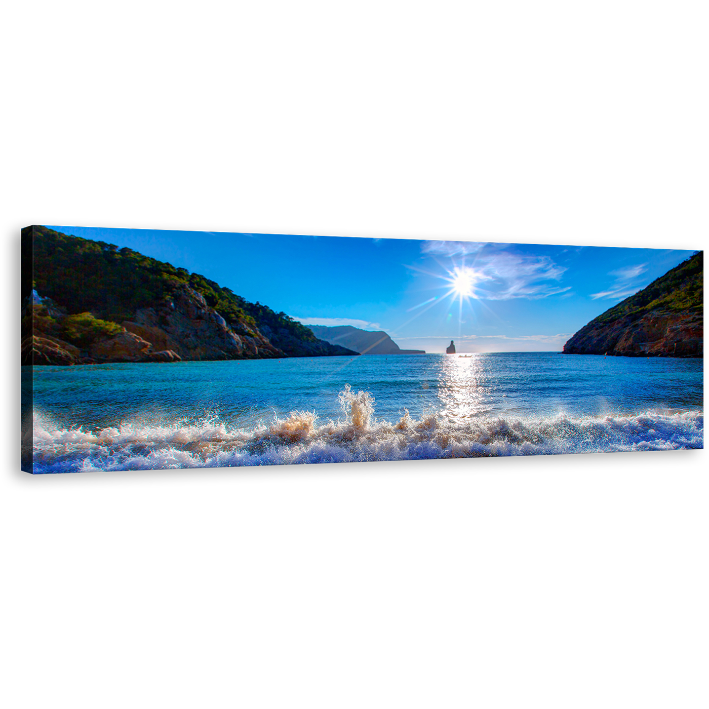 Cala Benirrás Canvas Print, Blue White Sky Sunset Ocean Mountain Panoramic Canvas Art, Spain Ibiza Cala Benirrás Beach Wall Art