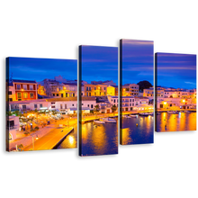 Load image into Gallery viewer, Calasfonts Cales Canvas Wall Art, Balearic Island Yellow Light Reflection 4 Piece Canvas Print, Blue Sky Harbor Canals Multiple Canvas
