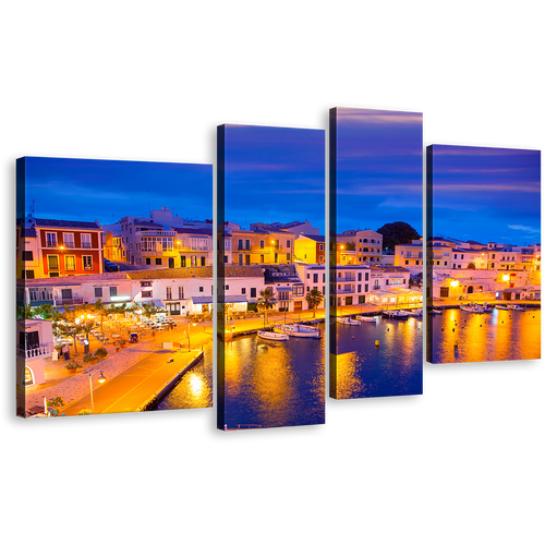 Calasfonts Cales Canvas Wall Art, Balearic Island Yellow Light Reflection 4 Piece Canvas Print, Blue Sky Harbor Canals Multiple Canvas