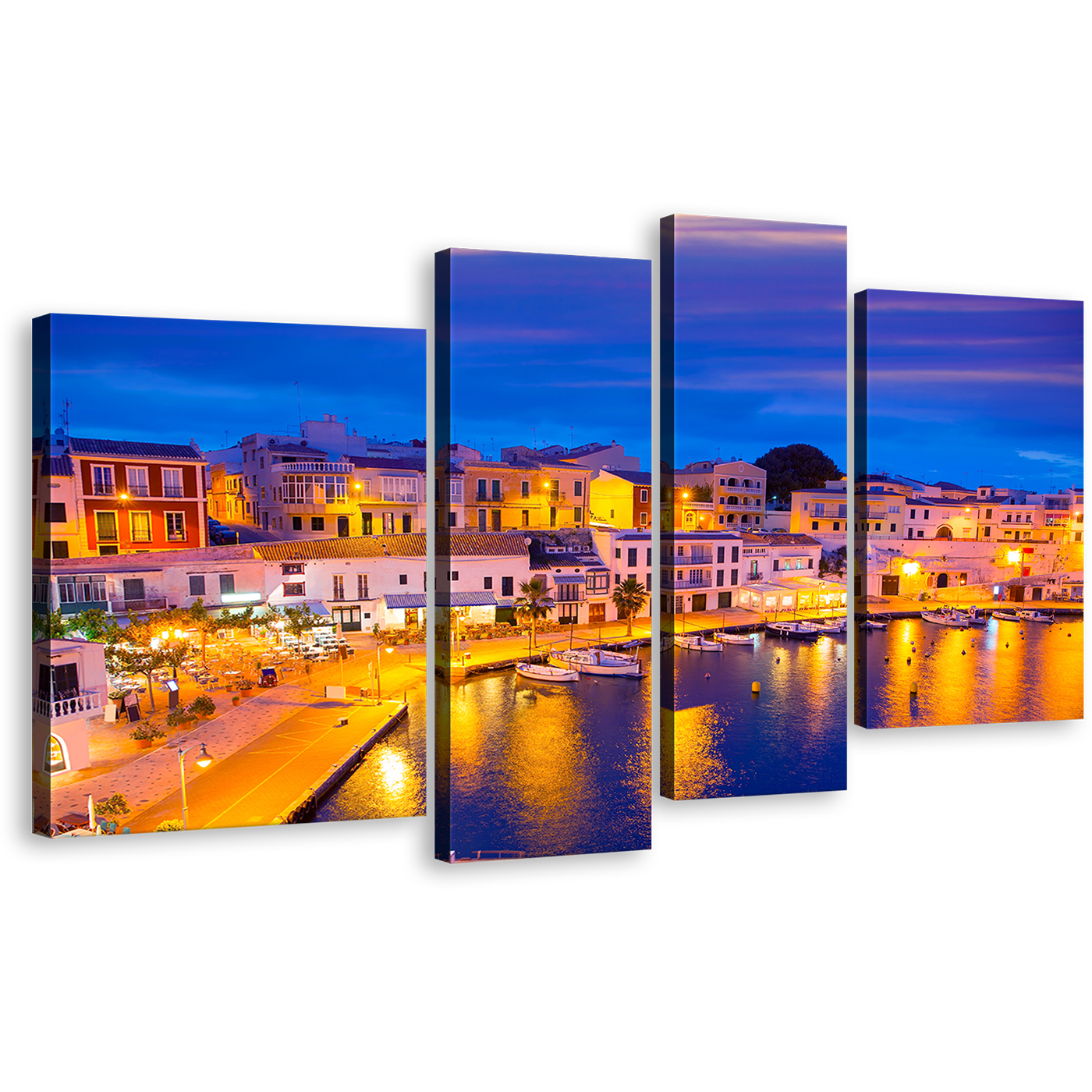 Calasfonts Cales Canvas Wall Art, Balearic Island Yellow Light Reflection 4 Piece Canvas Print, Blue Sky Harbor Canals Multiple Canvas