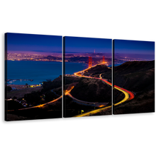 Load image into Gallery viewer, California Bridge Canvas Print, San Francisco City Skyline 3 Piece Wall Art, Golden Gate Bridge Light Trail Canvas Set
