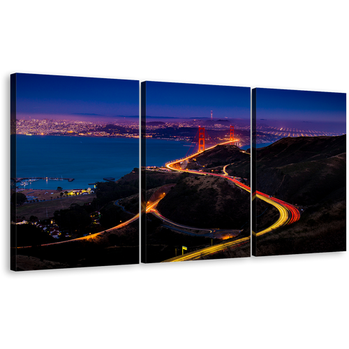 California Bridge Canvas Print, San Francisco City Skyline 3 Piece Wall Art, Golden Gate Bridge Light Trail Canvas Set