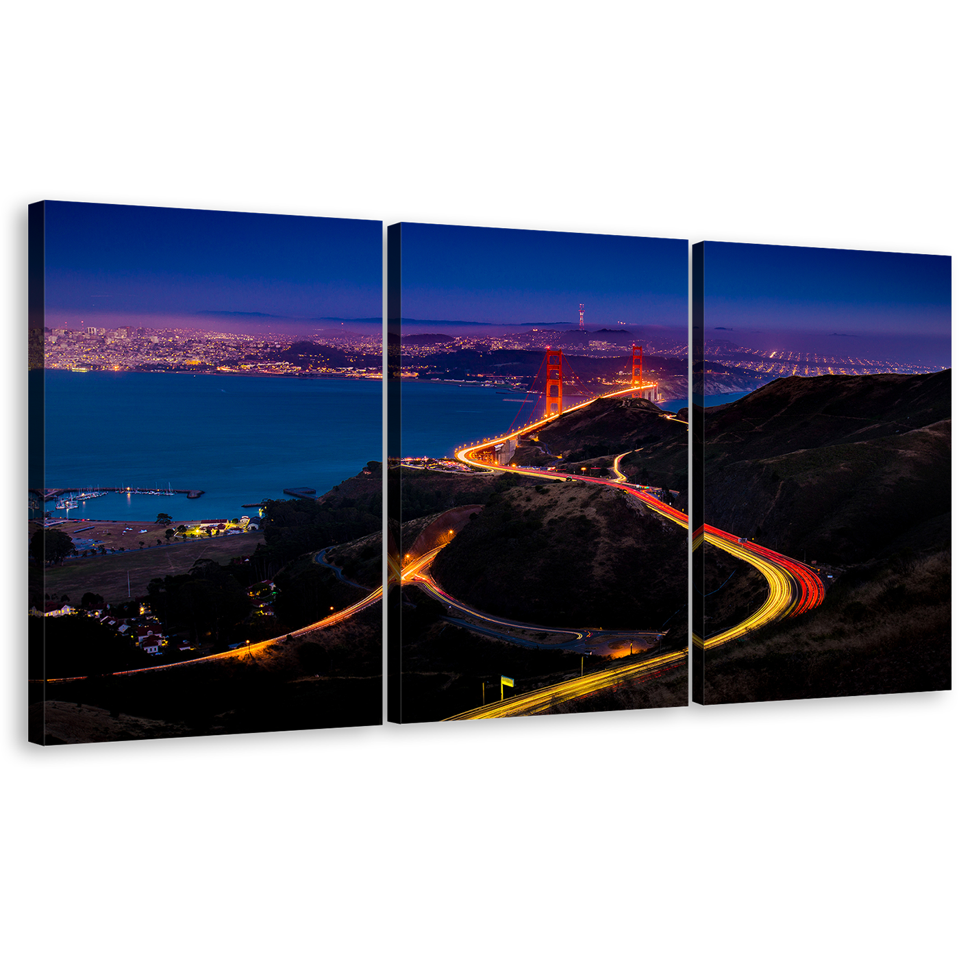 California Bridge Canvas Print, San Francisco City Skyline 3 Piece Wall Art, Golden Gate Bridge Light Trail Canvas Set