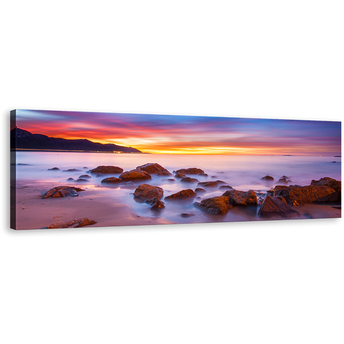 California Coast Canvas Print, Brown Ocean Rocks Boulders Wall Art, Yellow Sunset Panoramic Canvas Art