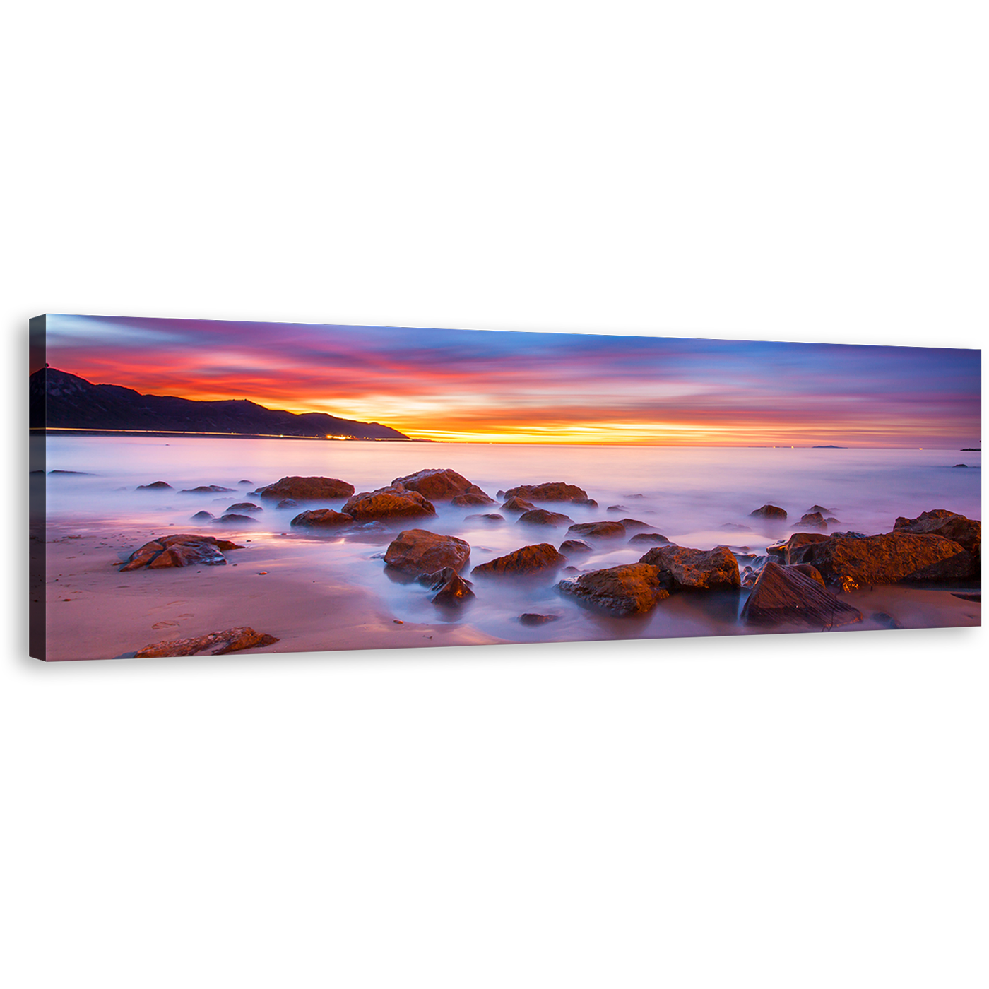 California Coast Canvas Print, Brown Ocean Rocks Boulders Wall Art, Yellow Sunset Panoramic Canvas Art