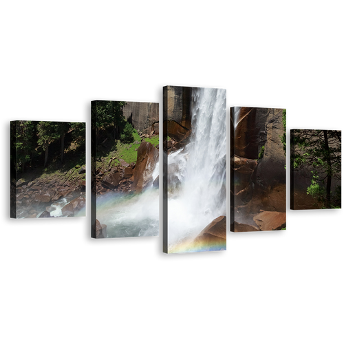 California Mountain Canvas Wall Art, White Vernal Falls 5 Piece Canvas Print, Yosemite National Park Canvas Set, Grey Sierra Nevada Mountains Multiple Canvas