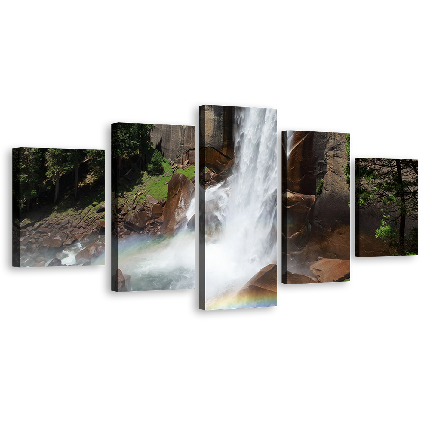 California Mountain Canvas Wall Art, White Vernal Falls 5 Piece Canvas Print, Yosemite National Park Canvas Set, Grey Sierra Nevada Mountains Multiple Canvas