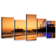 Load image into Gallery viewer, California Ocean Canvas Print, Orange Ocean Beach 5 Piece Canvas Wall Art, Blue Neon lit Ferris Wheel Multi Canvas, Santa Monica Beach Pier Sunset Canvas Set
