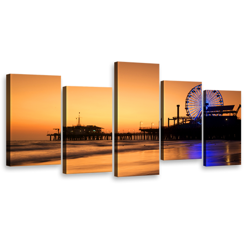 California Ocean Canvas Print, Orange Ocean Beach 5 Piece Canvas Wall Art, Blue Neon lit Ferris Wheel Multi Canvas, Santa Monica Beach Pier Sunset Canvas Set