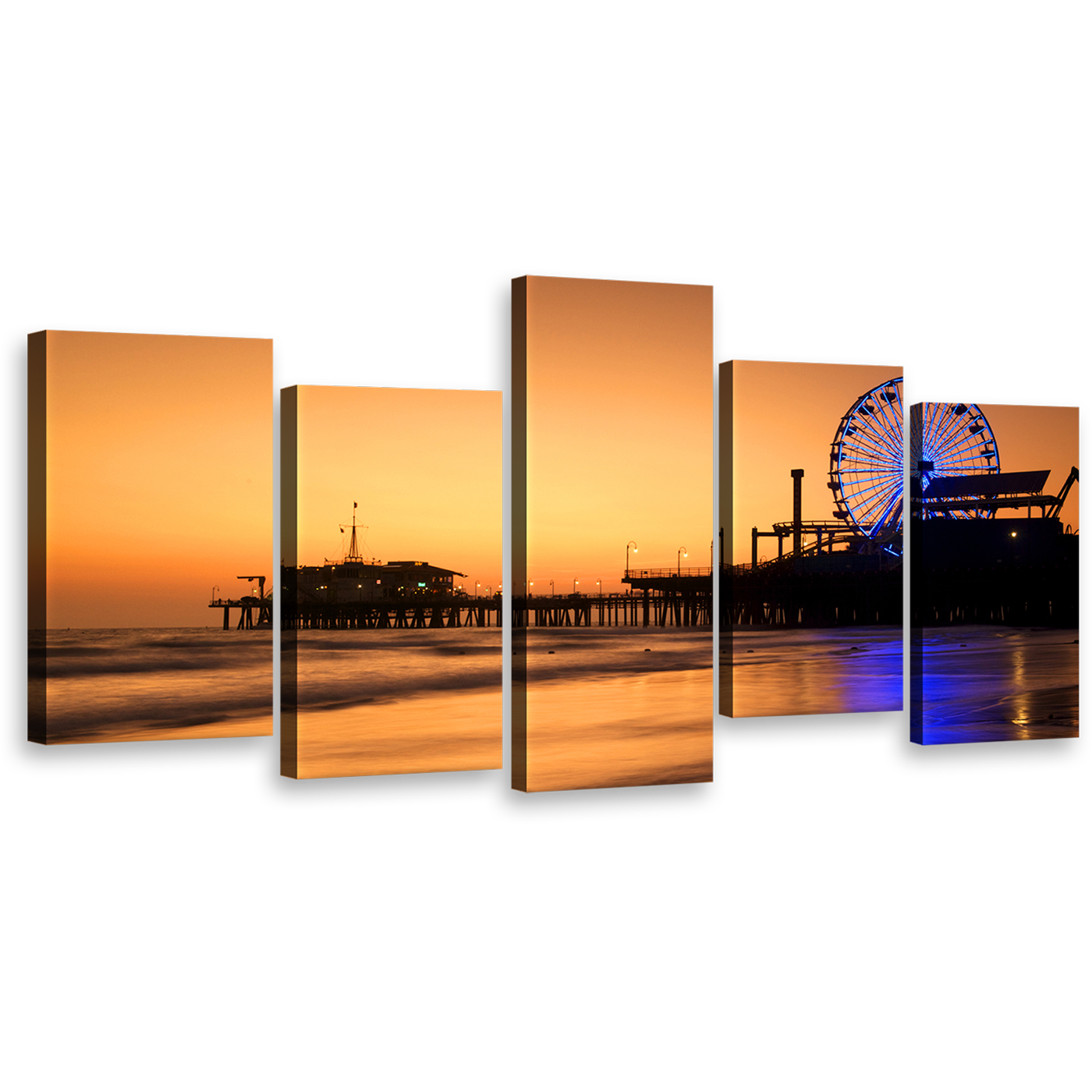 California Ocean Canvas Print, Orange Ocean Beach 5 Piece Canvas Wall Art, Blue Neon lit Ferris Wheel Multi Canvas, Santa Monica Beach Pier Sunset Canvas Set