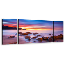 Load image into Gallery viewer, California Ocean Wall Art, Purple Seascape California Coast Canvas Set, Brown Ocean Rocks Boulders 3 Piece Canvas Print
