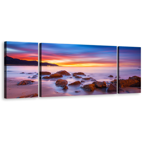 California Ocean Wall Art, Purple Seascape California Coast Canvas Set, Brown Ocean Rocks Boulders 3 Piece Canvas Print