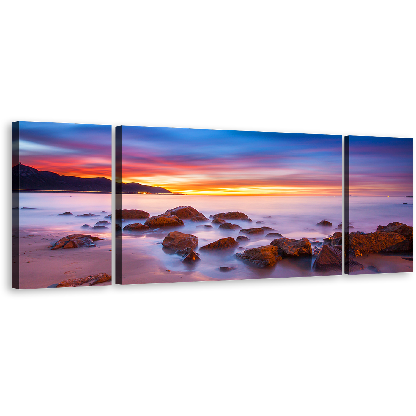 California Ocean Wall Art, Purple Seascape California Coast Canvas Set, Brown Ocean Rocks Boulders 3 Piece Canvas Print