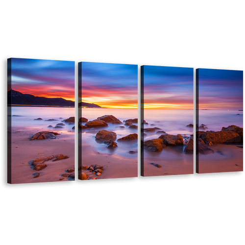 California Seascape Wall Art, Brown Ocean Rocks Boulders Canvas Print, Yellow Sunset Sky California Coast 4 Piece Multi Canvas