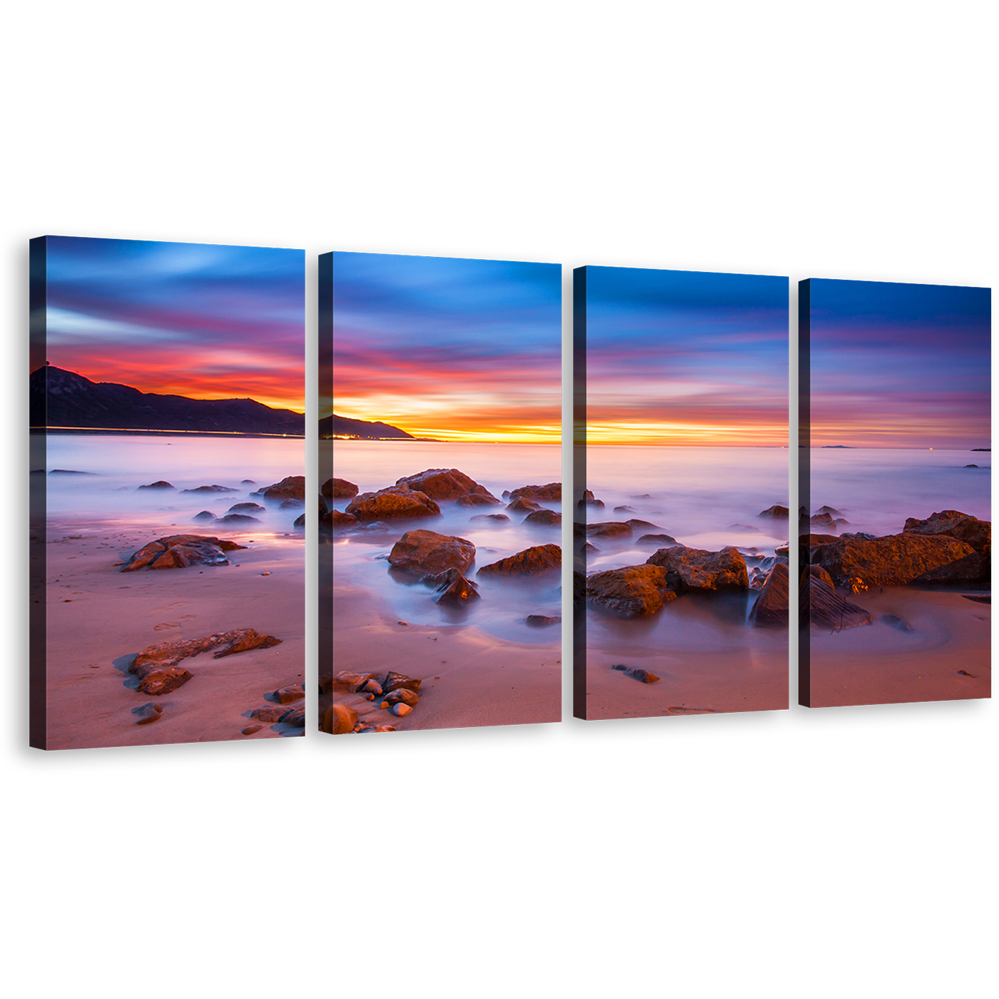 California Seascape Wall Art, Brown Ocean Rocks Boulders Canvas Print, Yellow Sunset Sky California Coast 4 Piece Multi Canvas