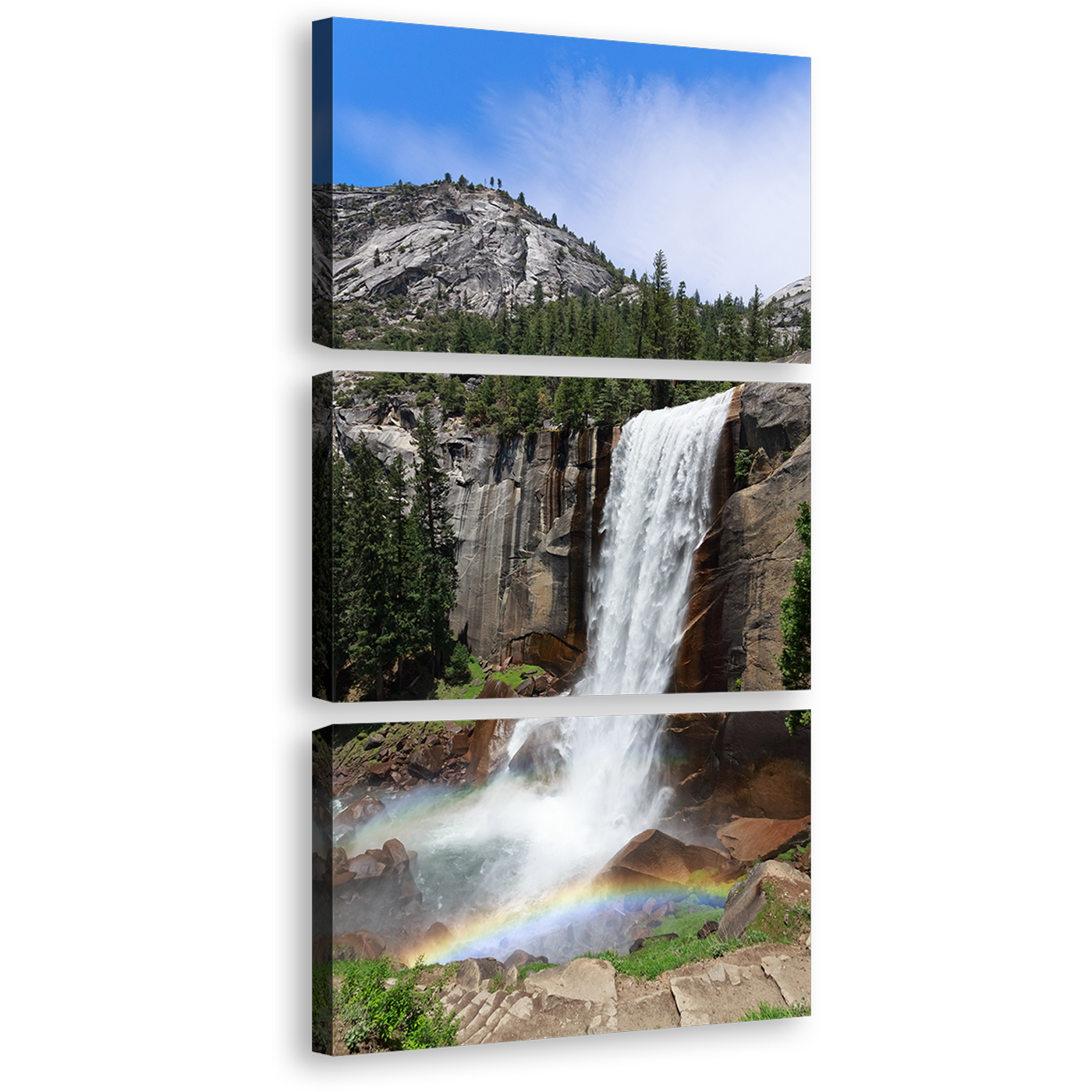 California Waterfall Canvas Print, Grey Sierra Nevada Mountains Waterfall 3 Piece Canvas Wall Art, Yosemite National Park White Waterfall Multi Canvas