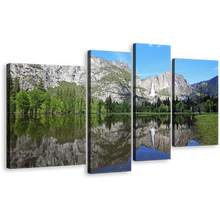 Load image into Gallery viewer, California Waterfall Canvas Print, Yosemite National Park Green Forest 4 Piece Canvas, White Sierra Nevada Mountains Waterfall Canvas Print
