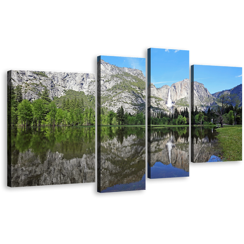 California Waterfall Canvas Print, Yosemite National Park Green Forest 4 Piece Canvas, White Sierra Nevada Mountains Waterfall Canvas Print