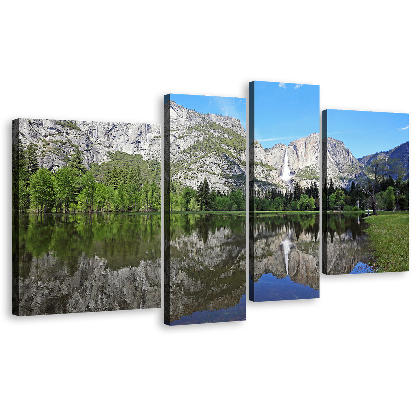 California Waterfall Canvas Print, Yosemite National Park Green Forest 4 Piece Canvas, White Sierra Nevada Mountains Waterfall Canvas Print