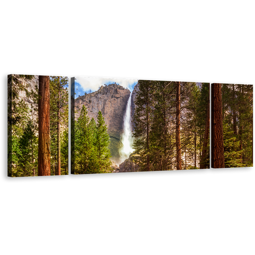 California Waterfall Canvas Wall Art, Brown Mountain Waterfall Scenery Canvas Print, Yosemite Waterfalls Green Forest 3 Piece Canvas Set