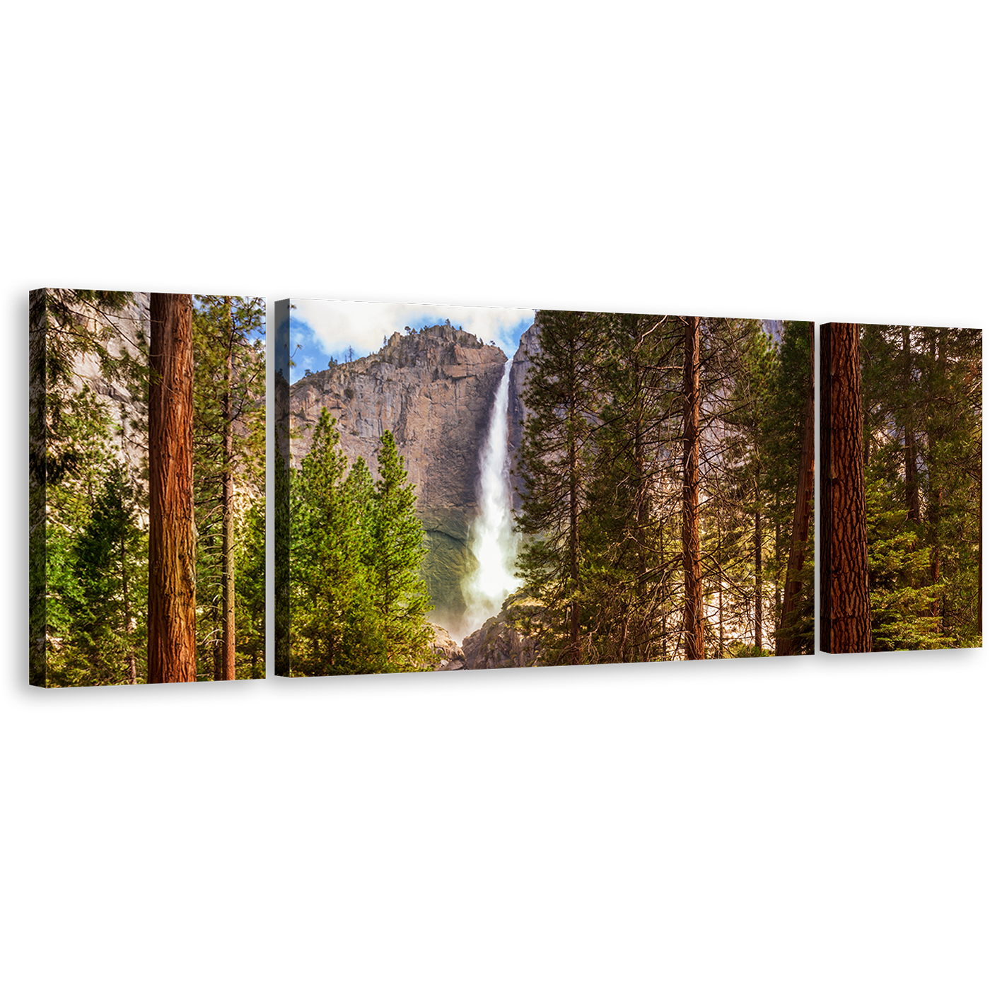 California Waterfall Canvas Wall Art, Brown Mountain Waterfall Scenery Canvas Print, Yosemite Waterfalls Green Forest 3 Piece Canvas Set