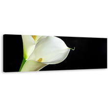 Load image into Gallery viewer, Calla Lilies Canvas Wall Art, White Lily Black Background Wide Canvas, Isolated Flower Panoramic Canvas Print
