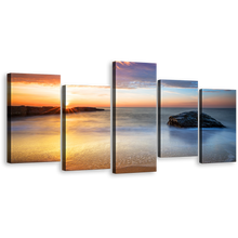 Load image into Gallery viewer, Calm Sea Canvas Wall Art, Grey Ocean Rocks Gold Sunrise Canvas Print, Orange Dawn Sky Streaming 5 Piece Canvas Set
