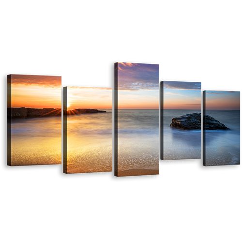 Calm Sea Canvas Wall Art, Grey Ocean Rocks Gold Sunrise Canvas Print, Orange Dawn Sky Streaming 5 Piece Canvas Set