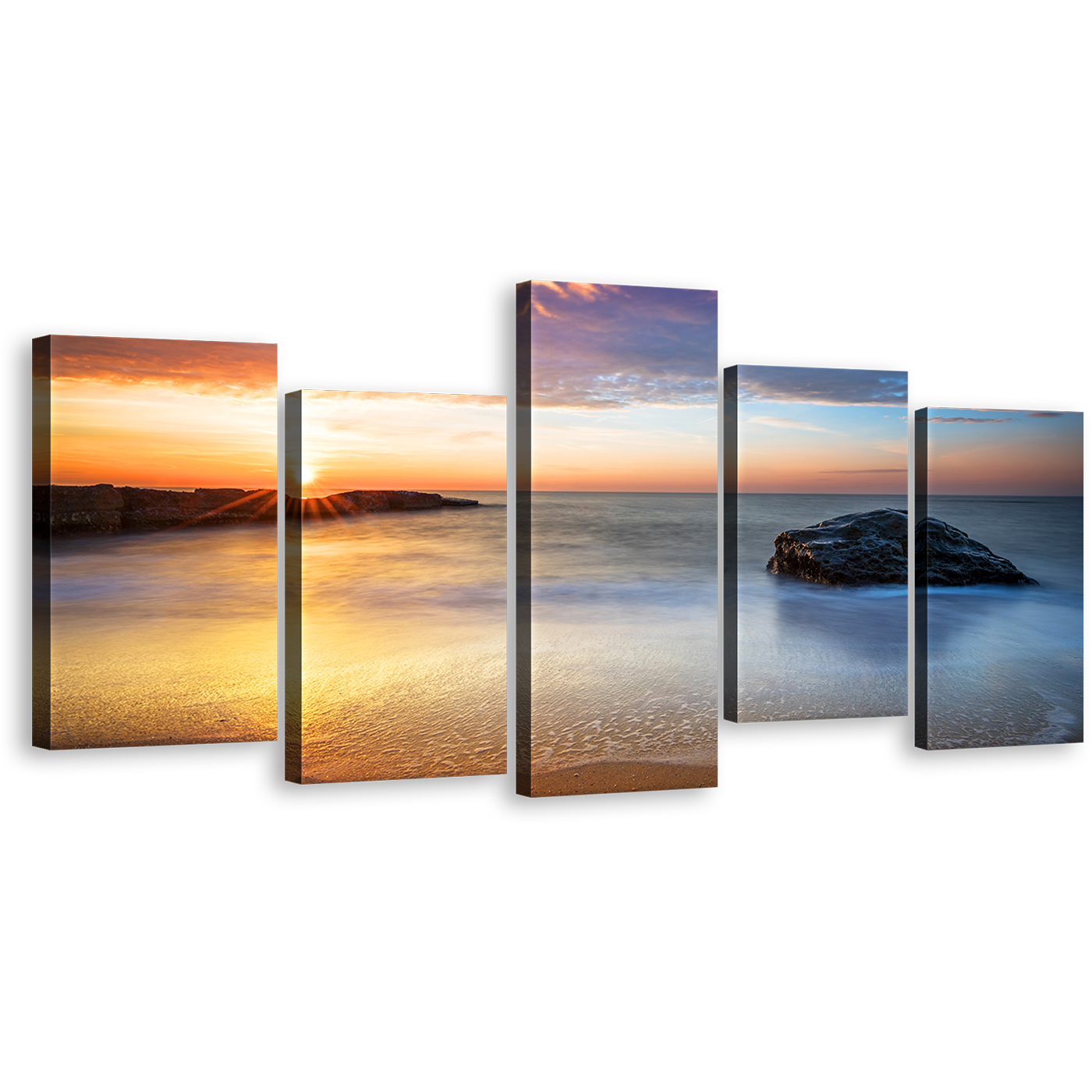 Calm Sea Canvas Wall Art, Grey Ocean Rocks Gold Sunrise Canvas Print, Orange Dawn Sky Streaming 5 Piece Canvas Set