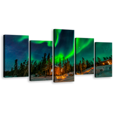 Load image into Gallery viewer, Canada Aurora Canvas Print, Green Aurora Borealis 5 Piece Canvas Wall Art, Dramatic Blue Starry Sky Multi Canvas
