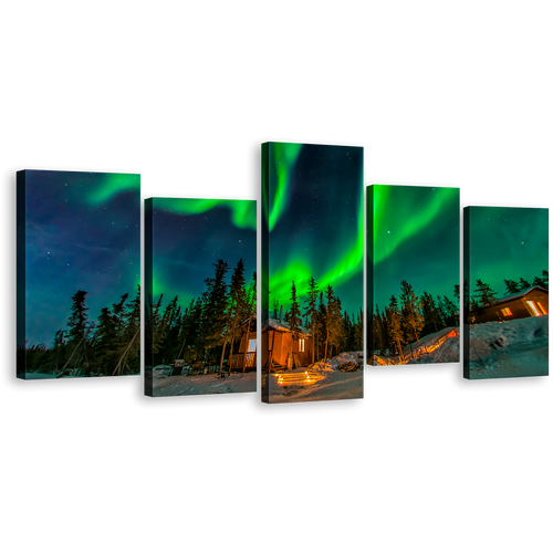 Canada Aurora Canvas Print, Green Aurora Borealis 5 Piece Canvas Wall Art, Dramatic Blue Starry Sky Multi Canvas